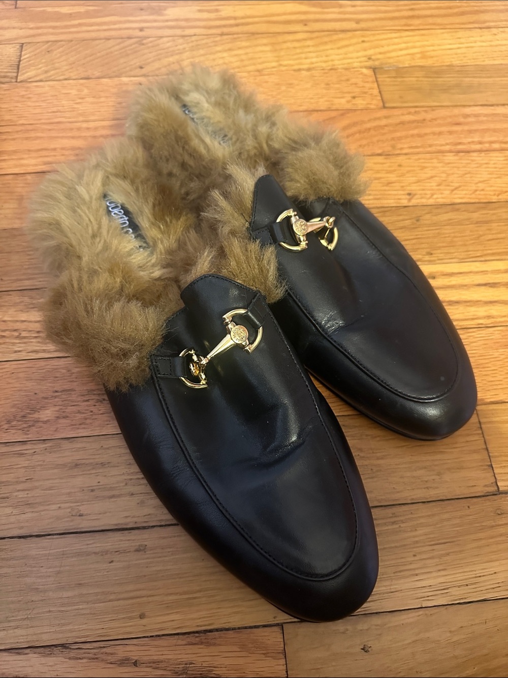 Roberto Cavalli Black Leather Fur-Lined Slip-On Loafers with Gold Hardware